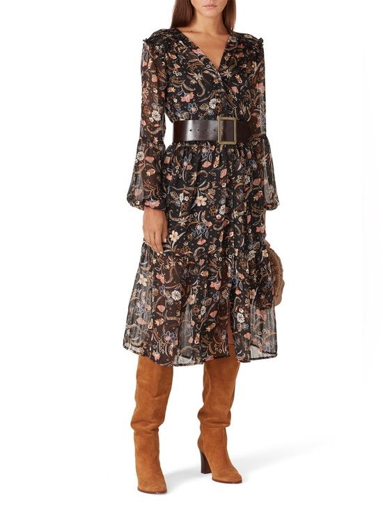 MINKPINK Dresses & Skirts - Floral Tiered Long-Sleeve Midi Dress in Black